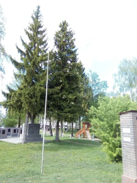 Сквер в с. Вятское. Май, а ёлочка в новогодних украшениях...